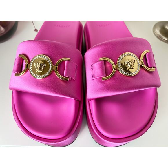 Versace Medusa Biggie Satin Embellished Platform Slide Sandals Pink Size 8.5 NWB - Picture 10 of 16